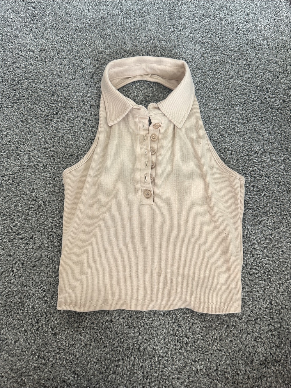 Beige Ribbed Polo Halter Tank Top